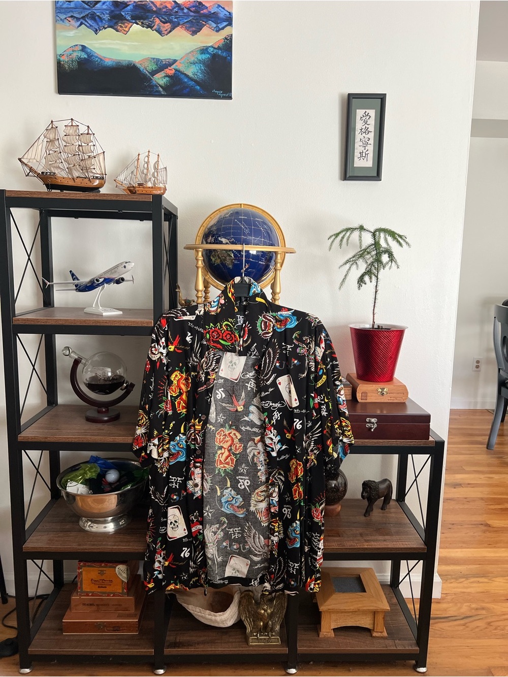 Ed Hardy XL Black Floral & Tattoo Pirate Print